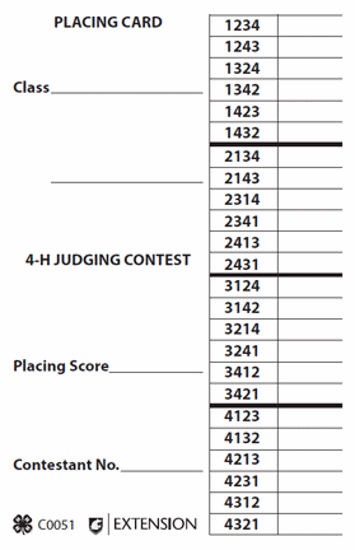 Picture of Placing Card 4-H Judging Contest (pad of 50)
