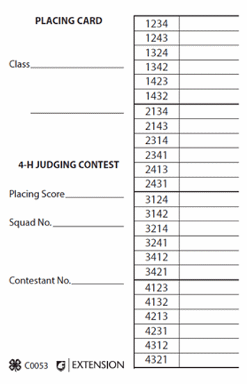 Picture of Placing and Oral Reason Card--4-H Judging Contest